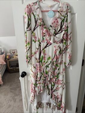 tea & cup faux wrap cherry blossom dress
